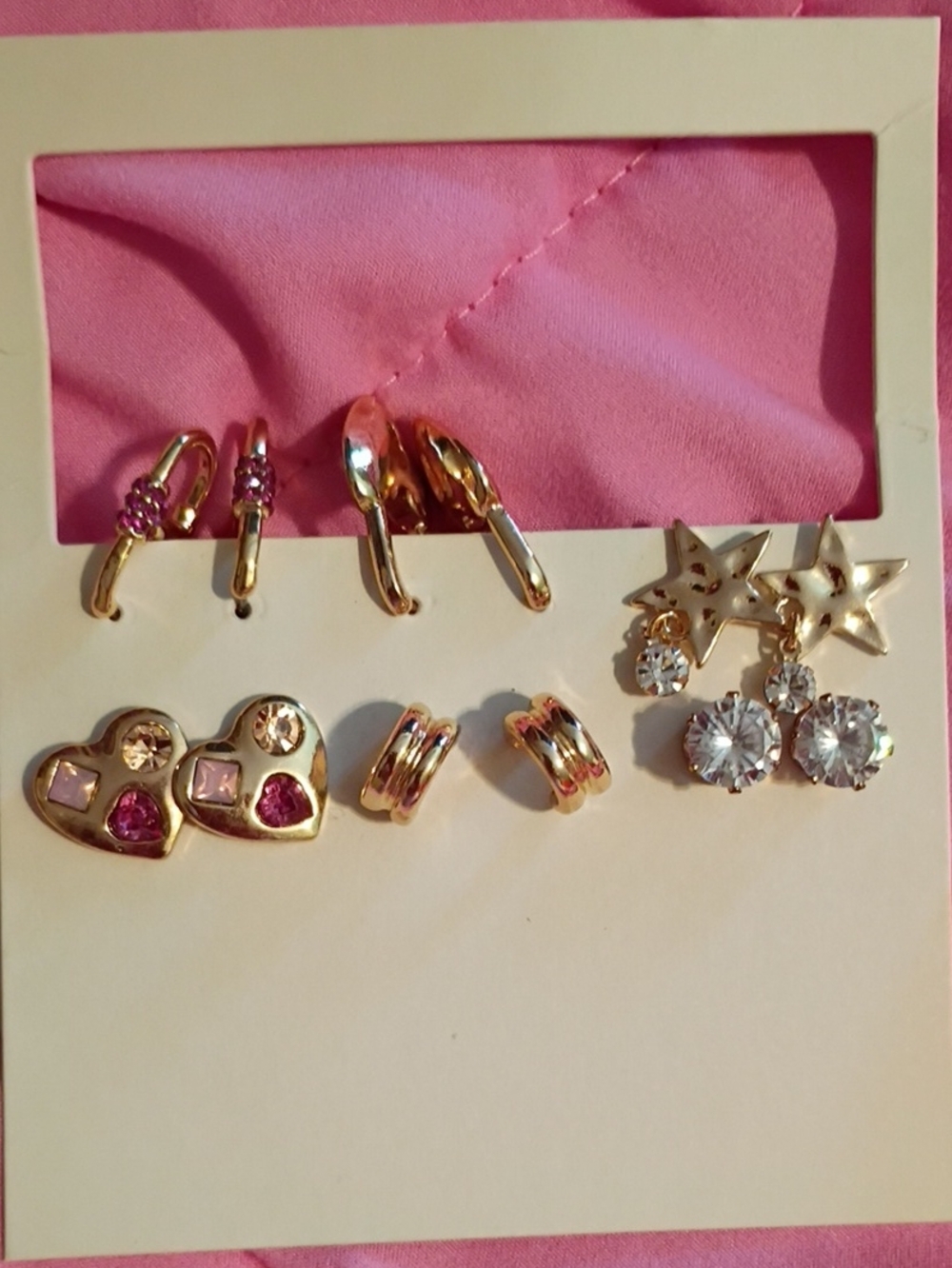 Gold Tone Multi-Style Earring Set with Pink and Clear Stones